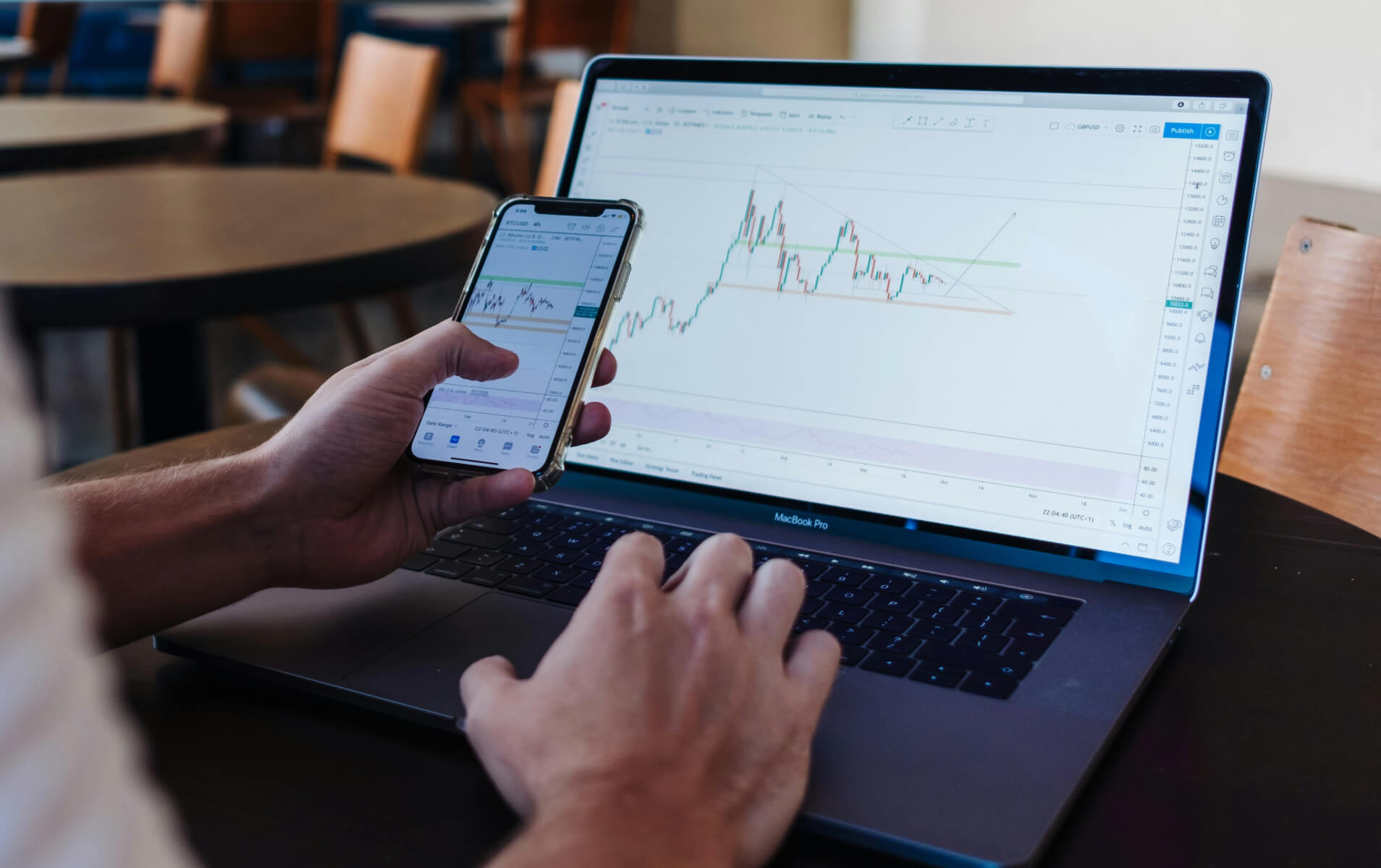 person trading stocks and options on phone and computer